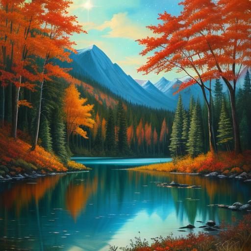 Autumn Mountain Lake in Fantasy Alcohol Ink Style