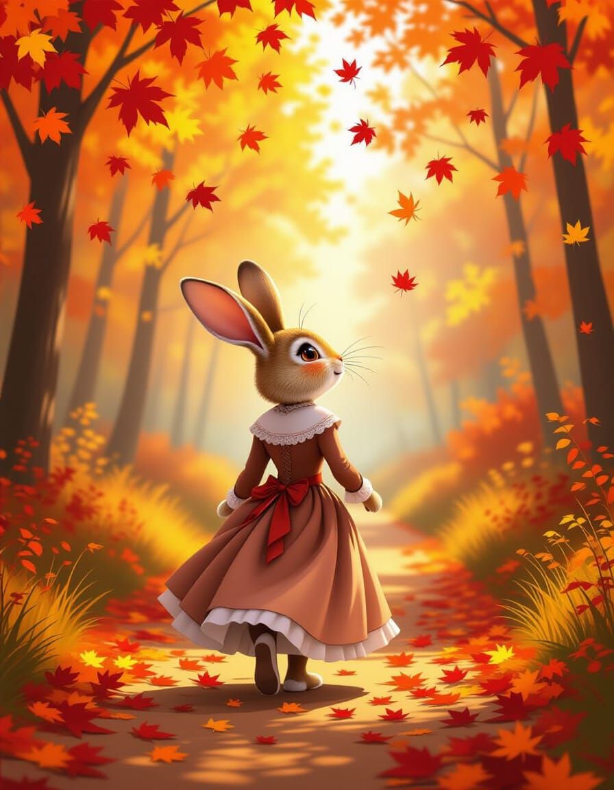 Rabbit Enjoys Autumn Forest Stroll Amid Falling Leaves