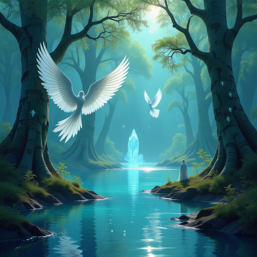 Fantasy Landscape with Winged Beings and Crystal Trees