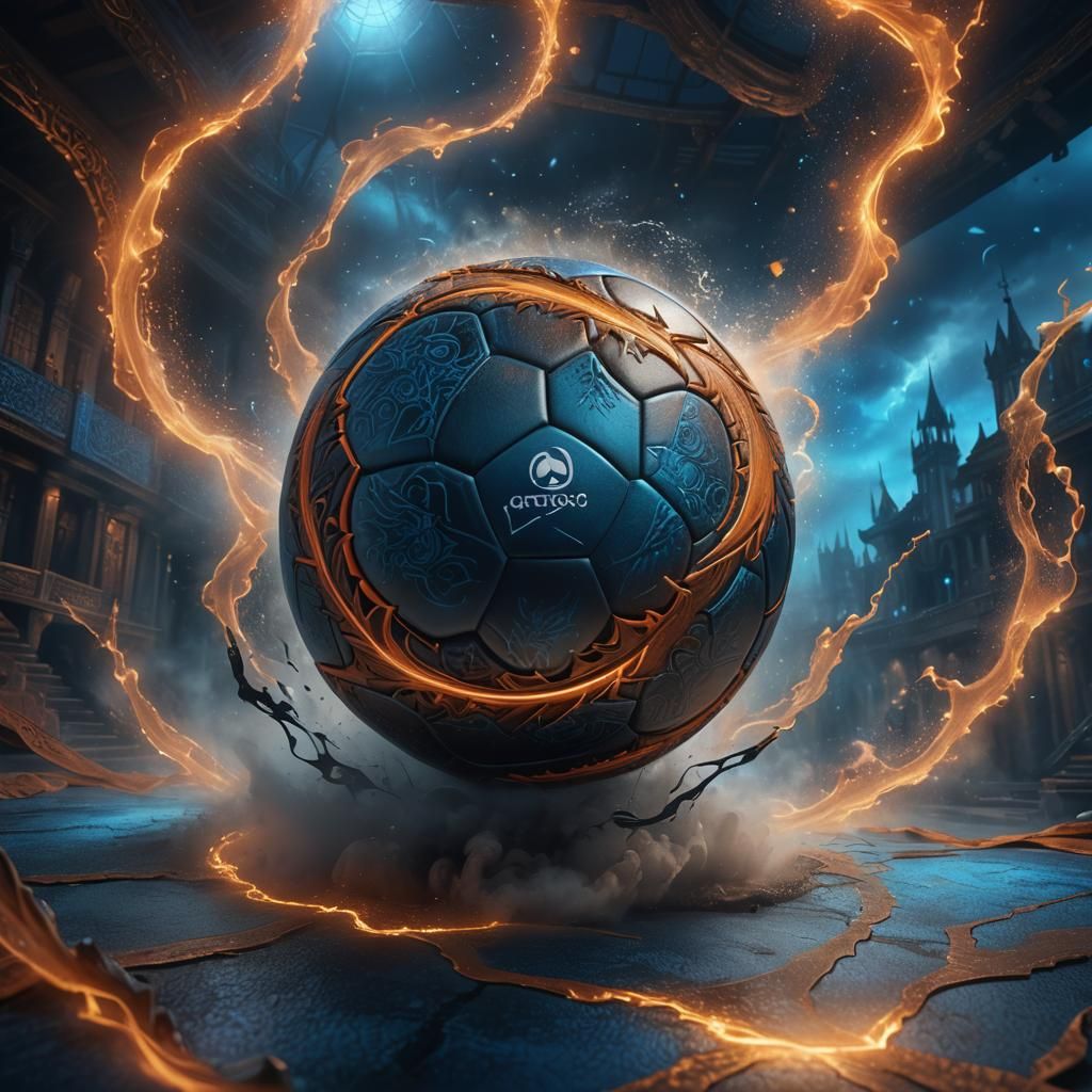 Mystical Football with Glowing Seams in Dark Void