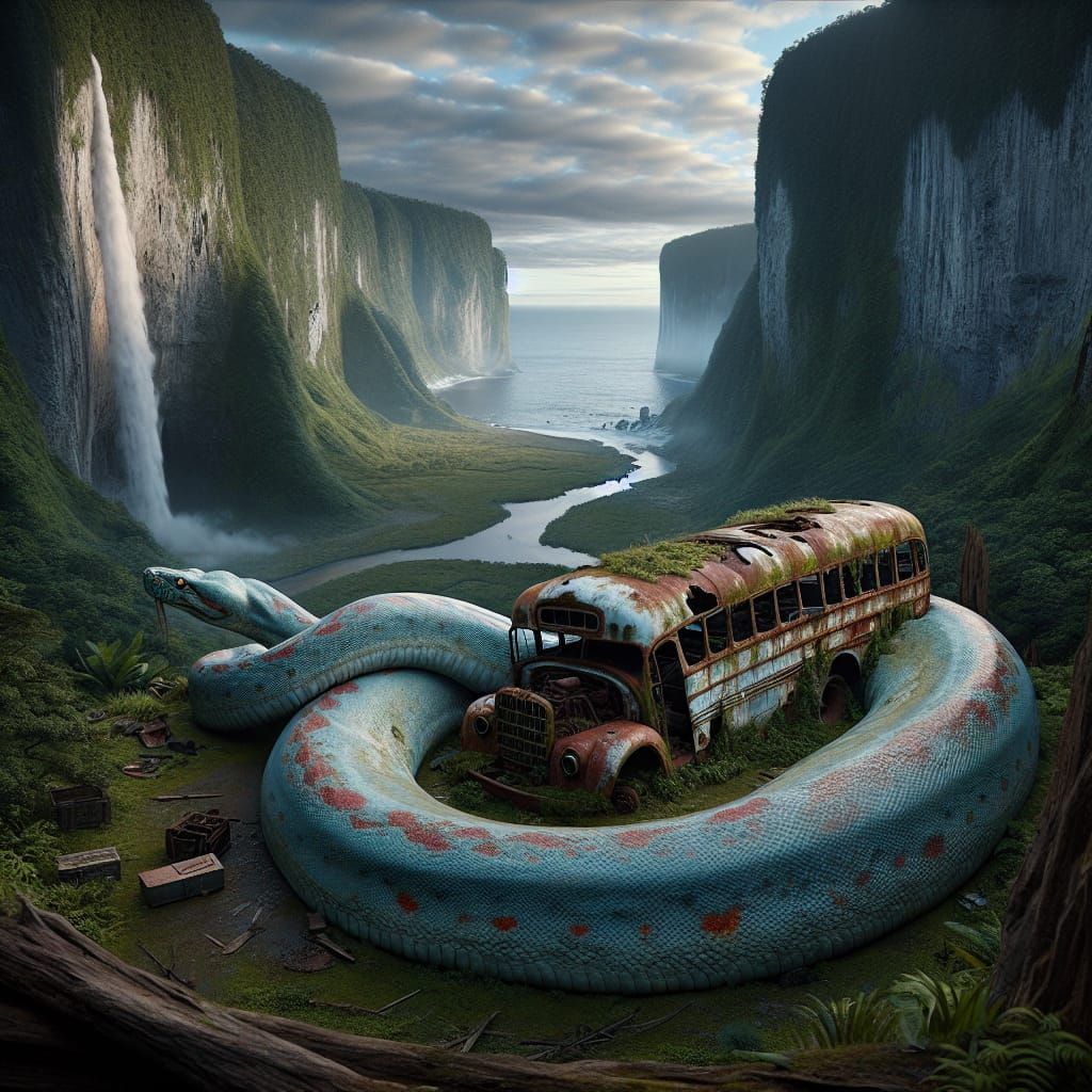 Giant Python Coils Around Bus Wreck in Valley