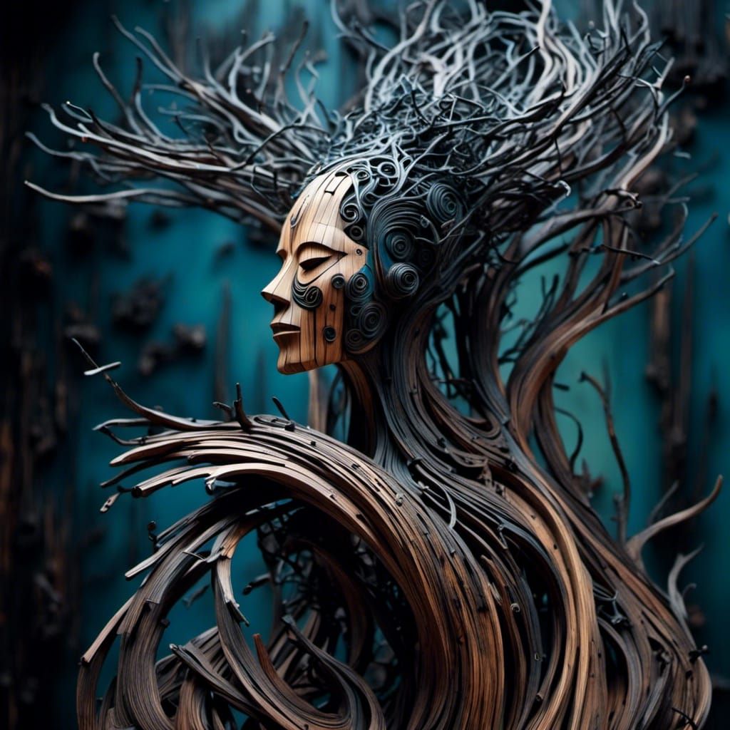 African Wood Statue with Flying Nails in Magic Realism