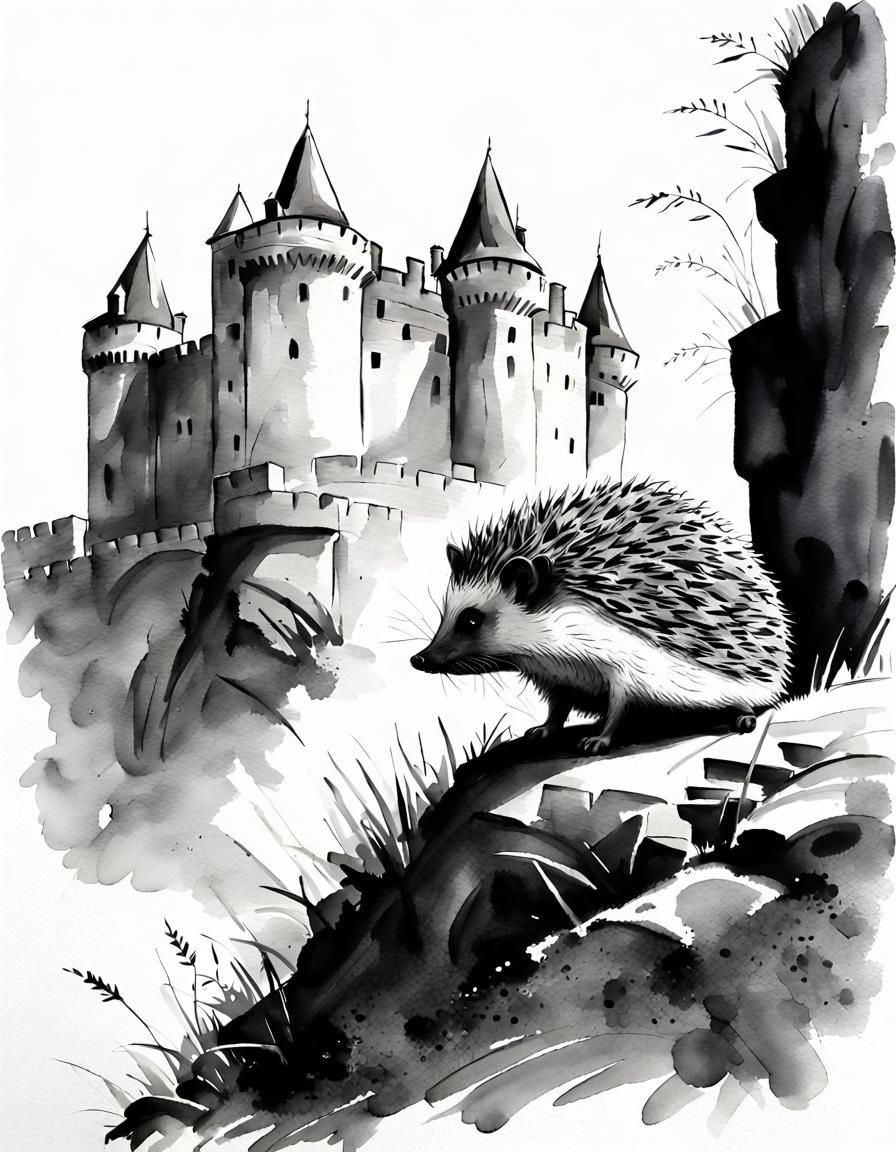 Hedgehog by Castle Wall: Black and White Watercolor