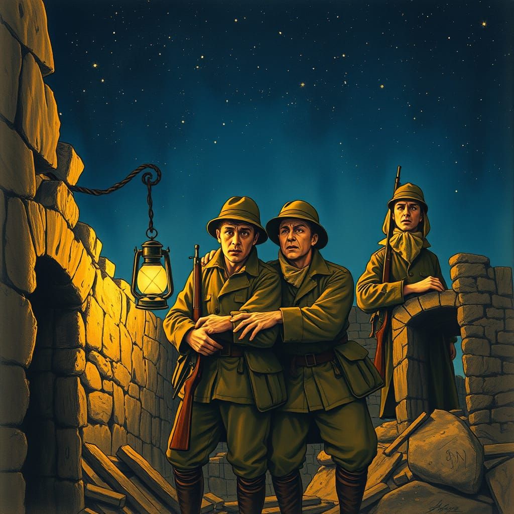 WWI Soldiers Huddle in Abandoned Village Under Starry Night ...