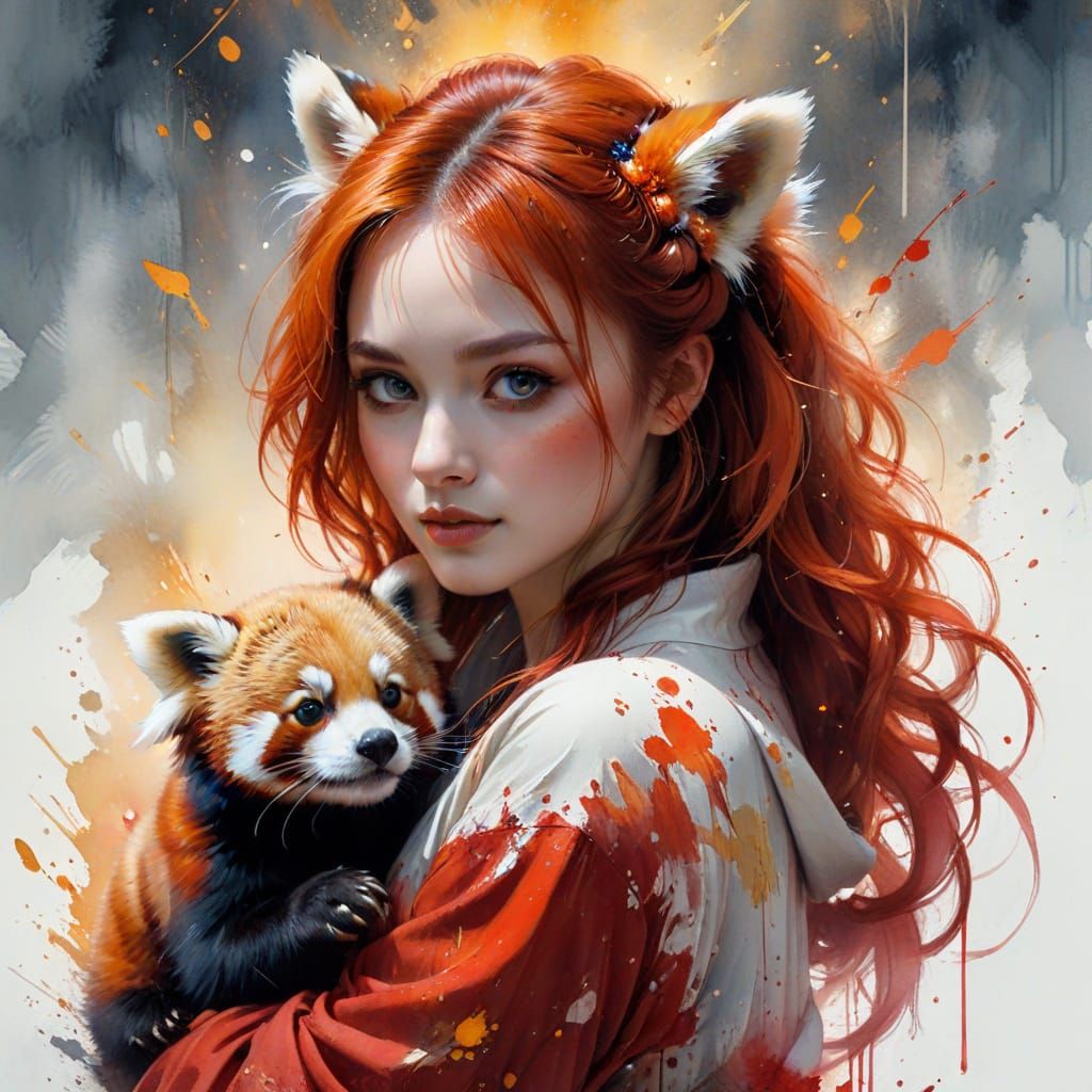 Mystical Red Panda Girl Poses with Red Panda, Watercolor Sty...