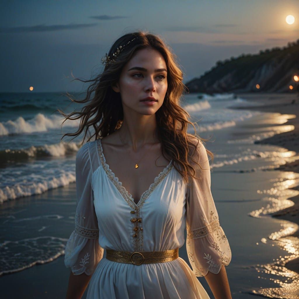 Dreamy Beach Scene with Woman in White Dress