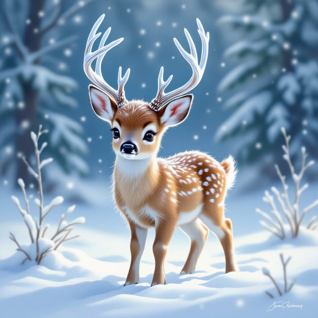 Ice Deer in Snowy Landscape Oil Painting