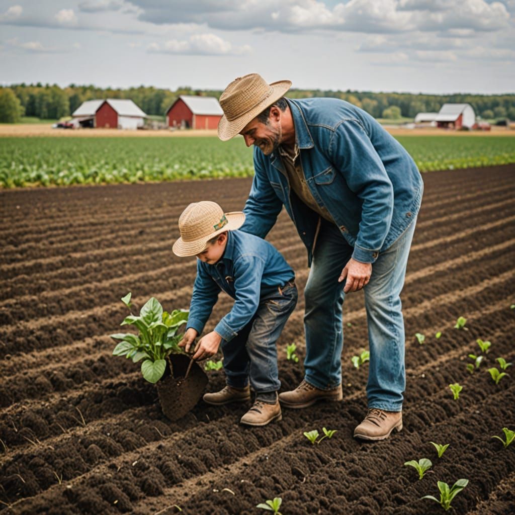 Farmer and Son Planting a Field Together