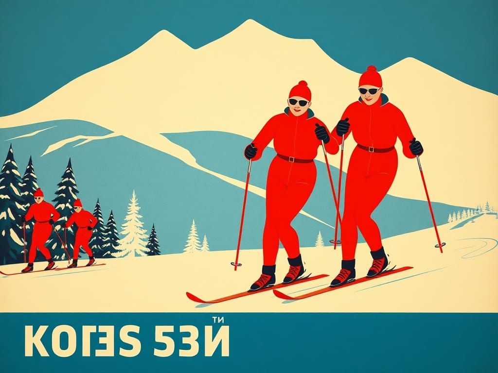 Soviet Skiing Poster: Minimalist Design, Bright Colors