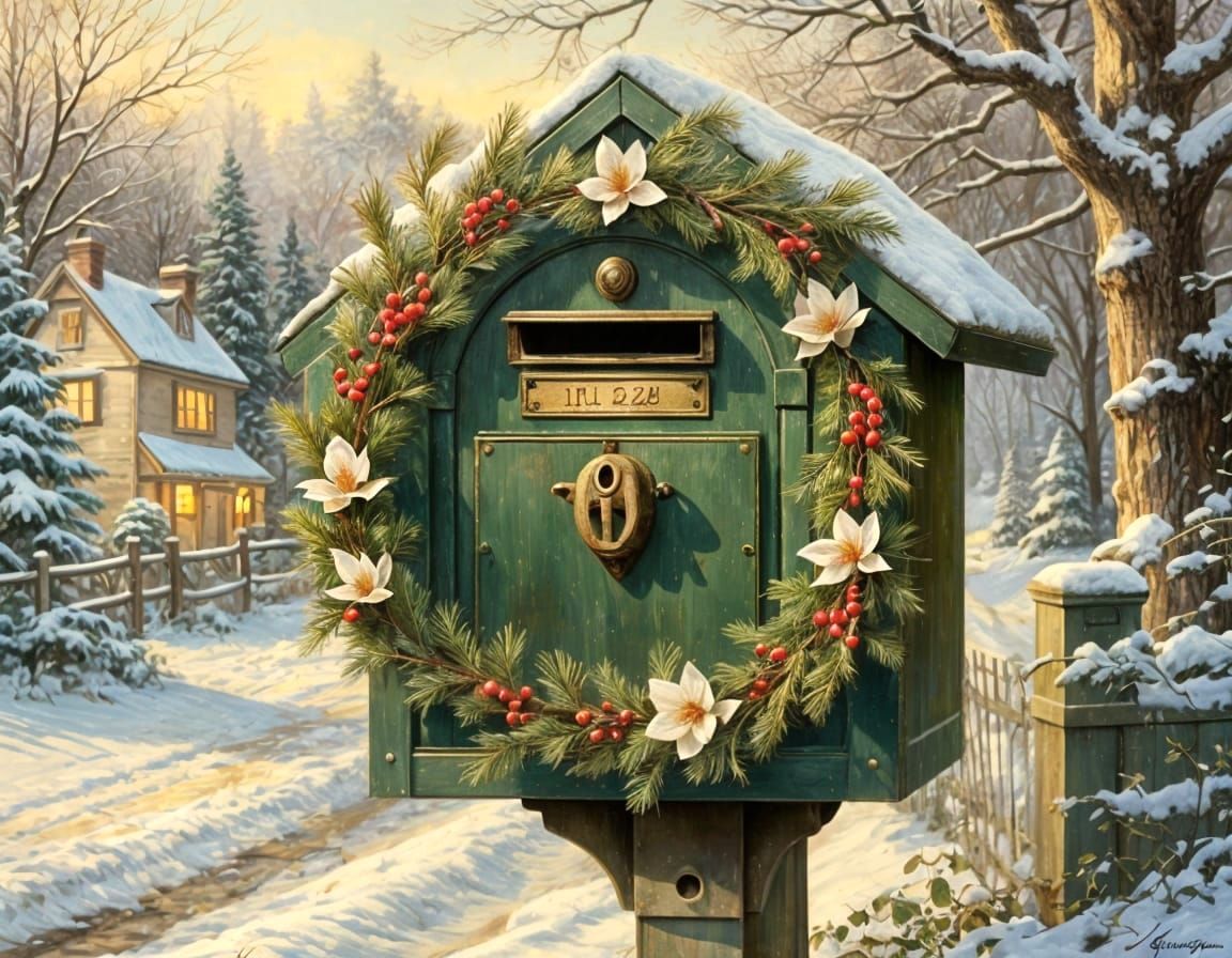 Hyper-Realistic Winter Wreath Scene in Stylized Oil Painting