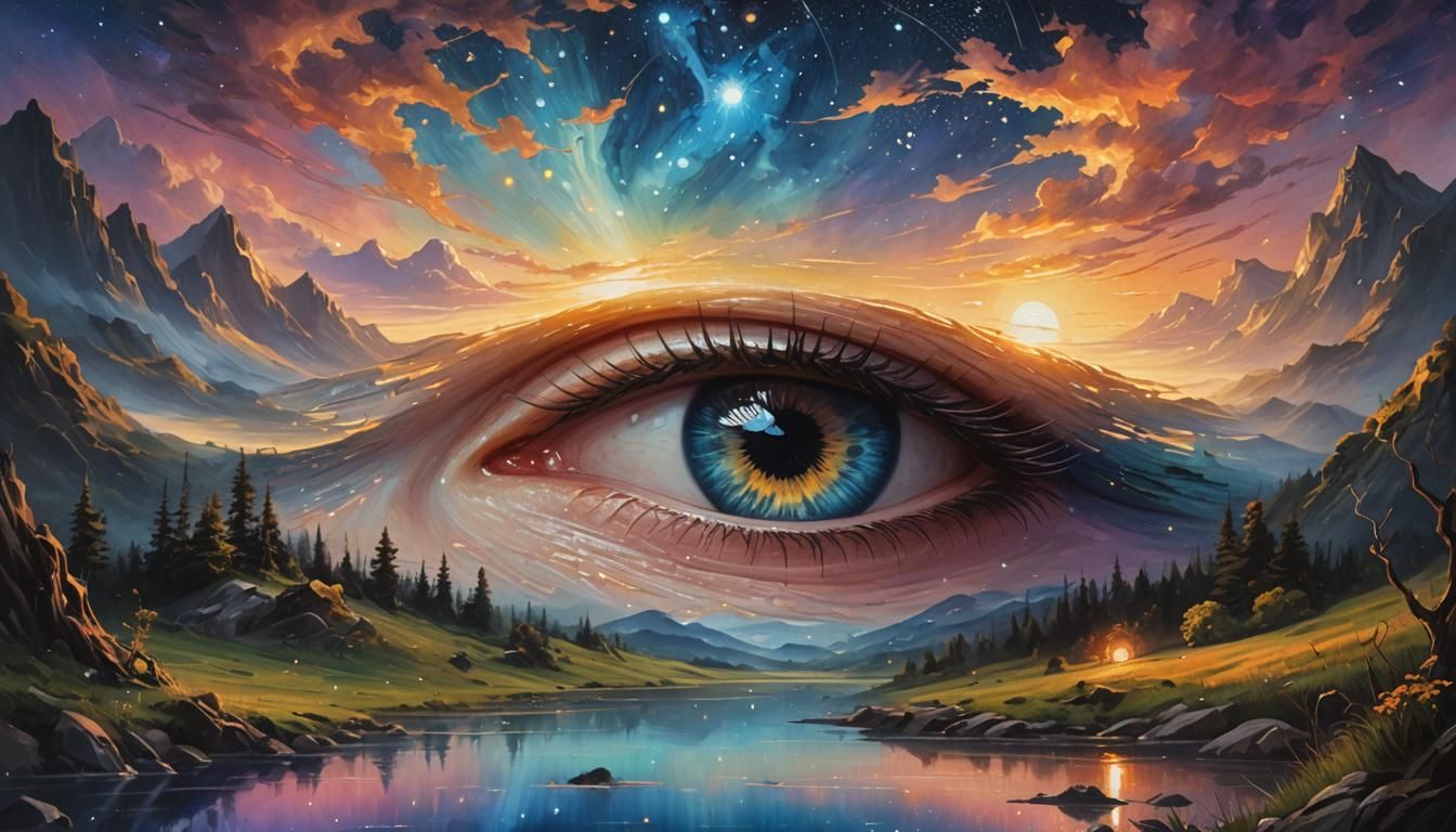 Fantasy Landscape Reflected in Eyes: Oil Painting