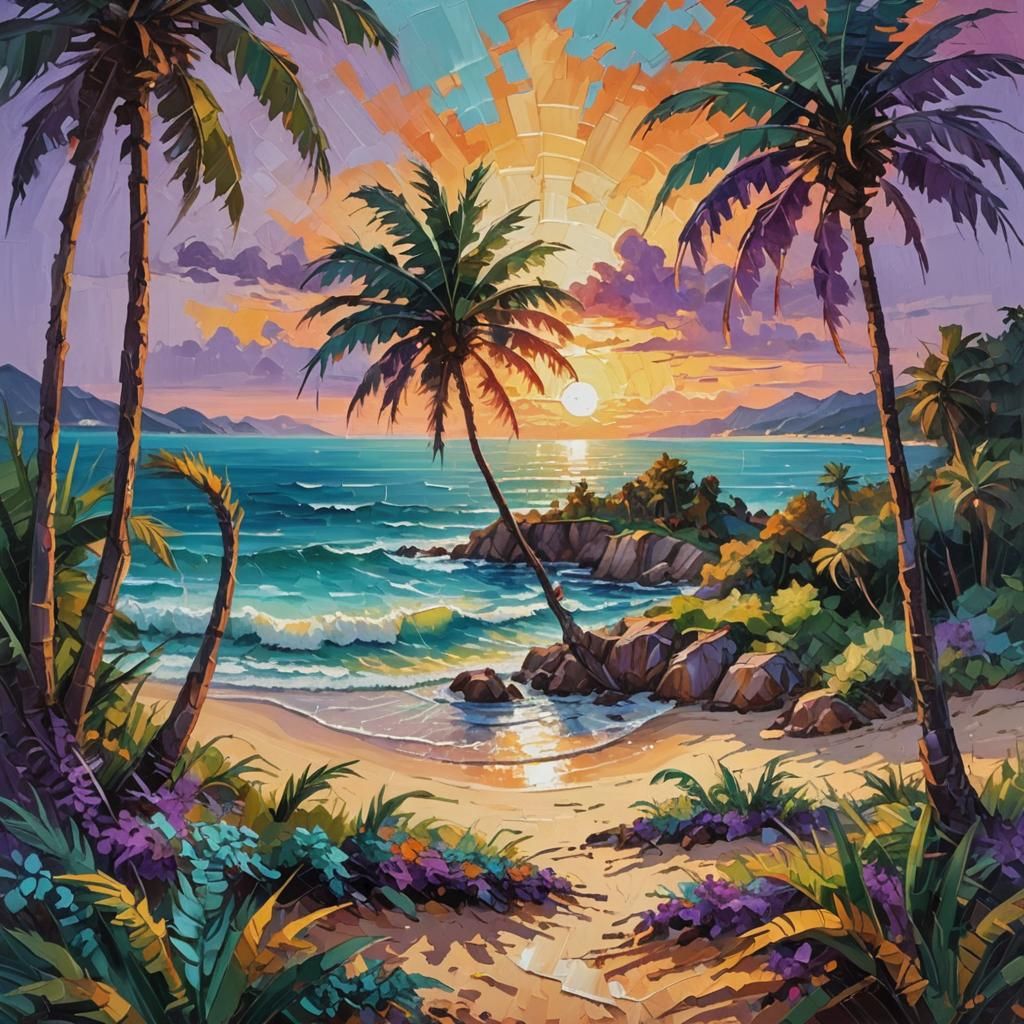 Island Sunset: Neo-Impressionist Oil Painting