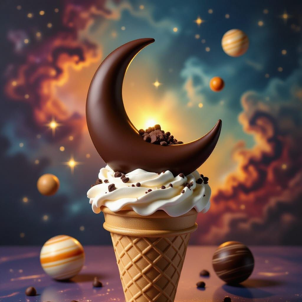 Cosmic Chocolate Moon on Ice Cream Cone