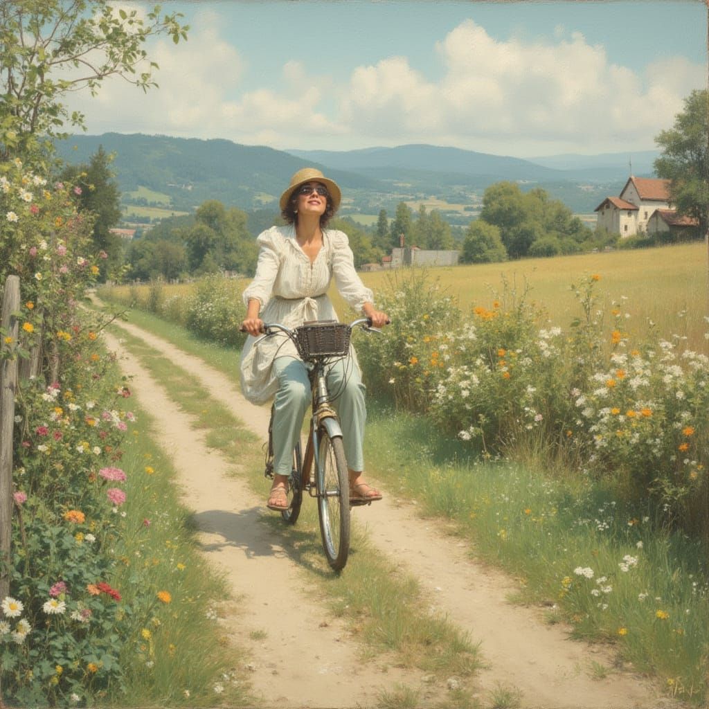 Serene Countryside Bike Ride in Pastel Hues