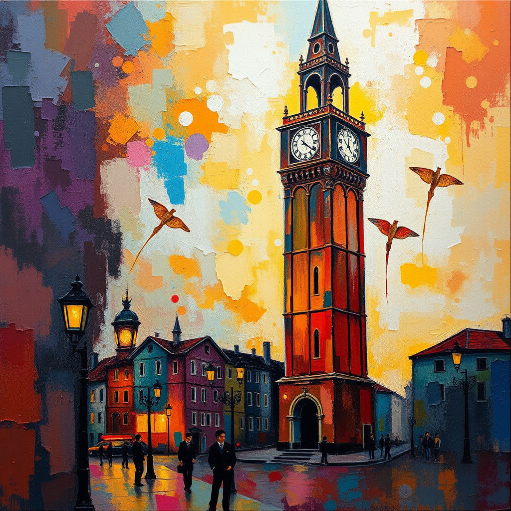 Romantic Oil Painting of a Tower in Abstract Art
