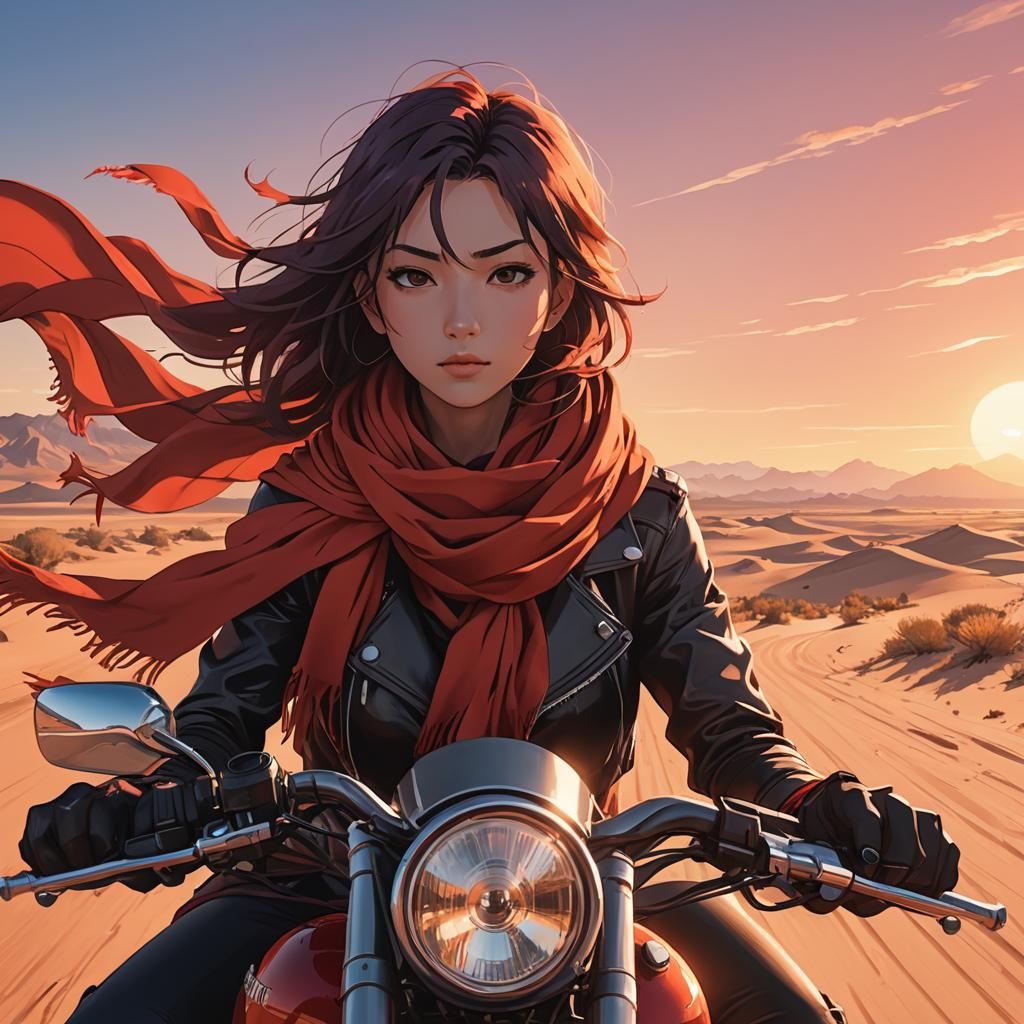 Girl on Motorcycle in Desert Sunrise: Manga Illustration