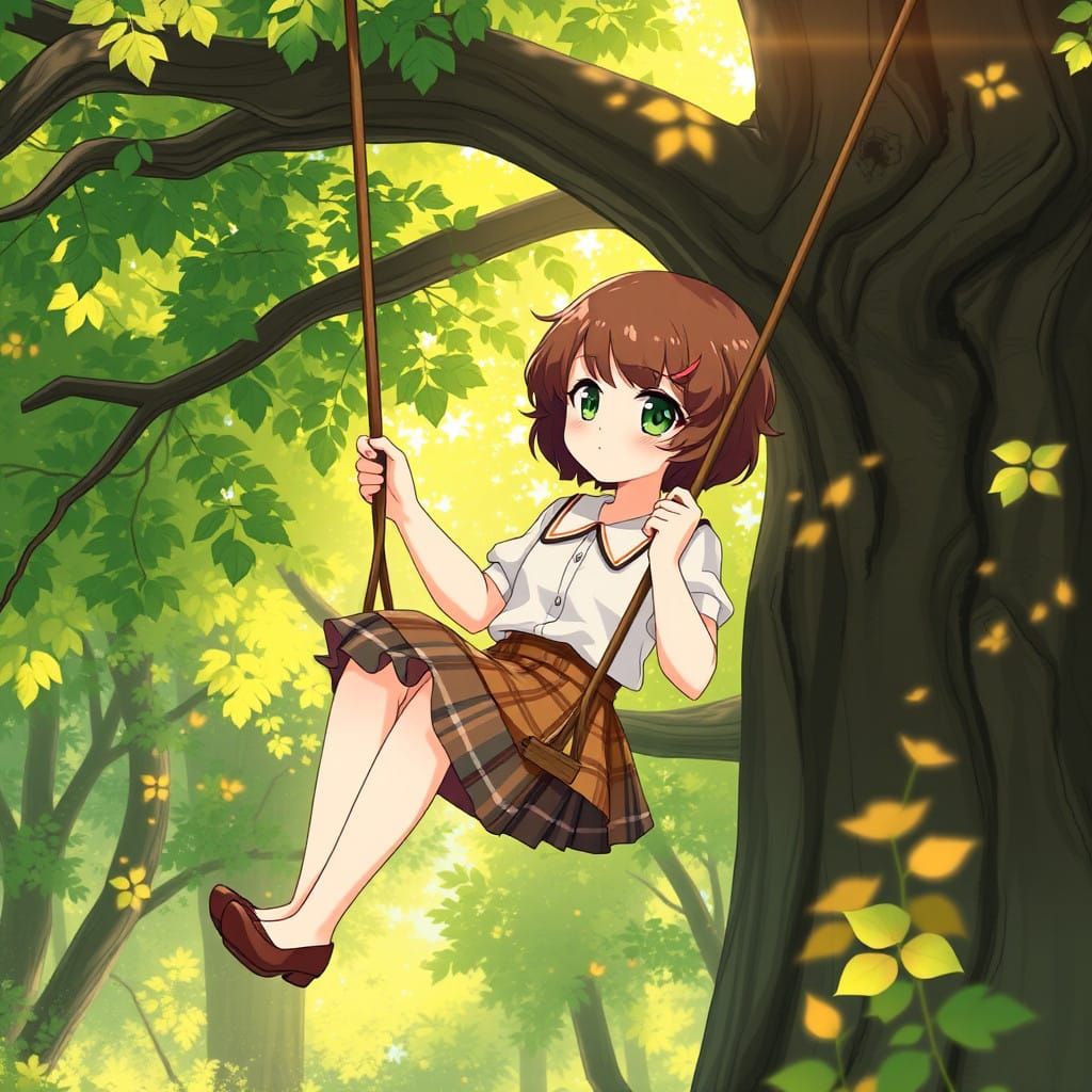 Anime Girl Swings in Lush Forest