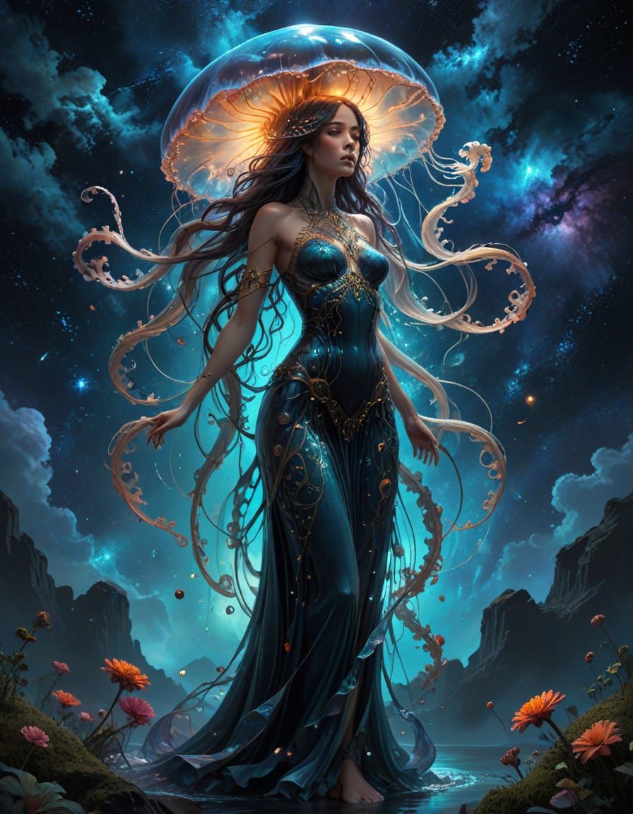 Cosmic Jellyfish Goddess in Art Nouveau Style