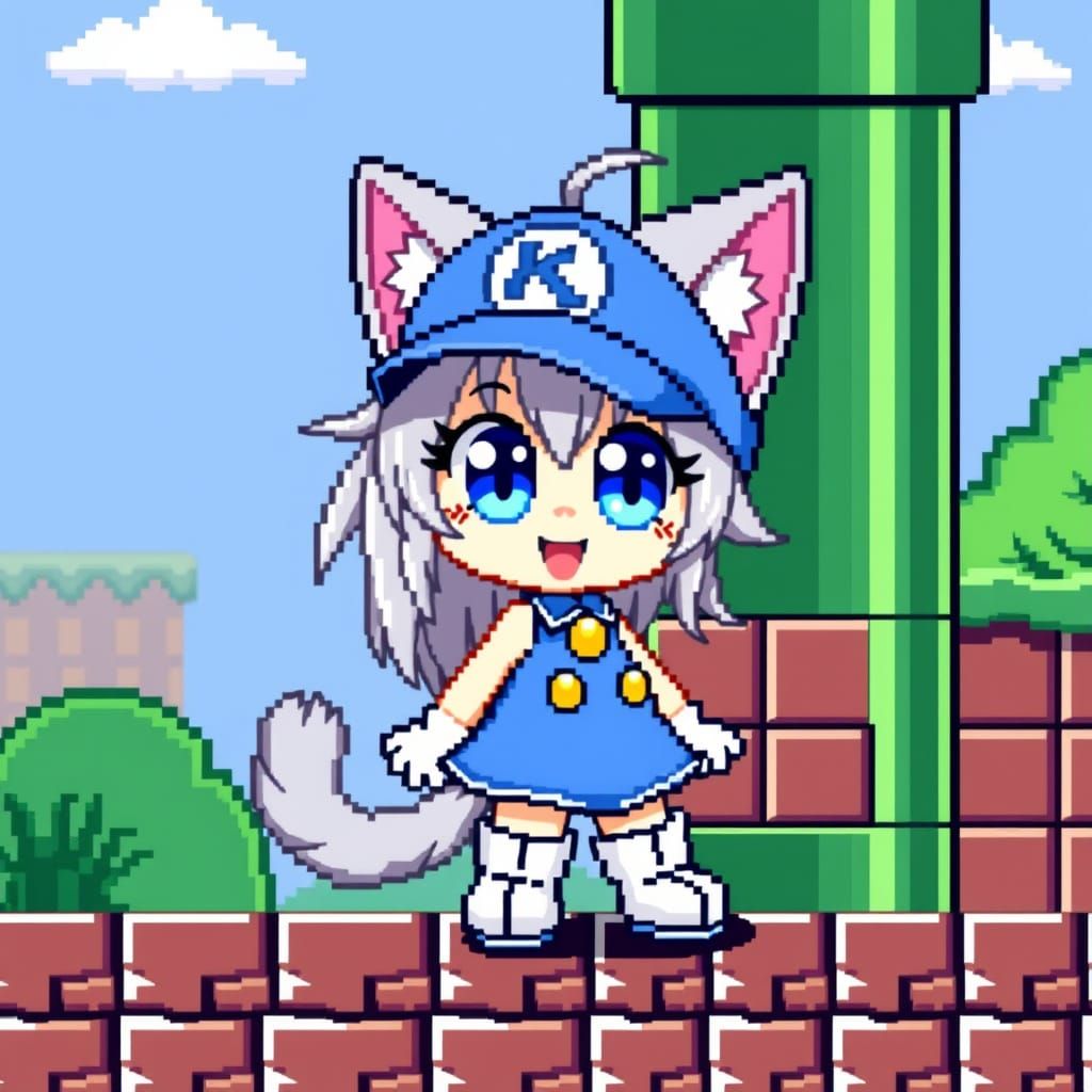 Retro Anime Catgirl Meets Mario World