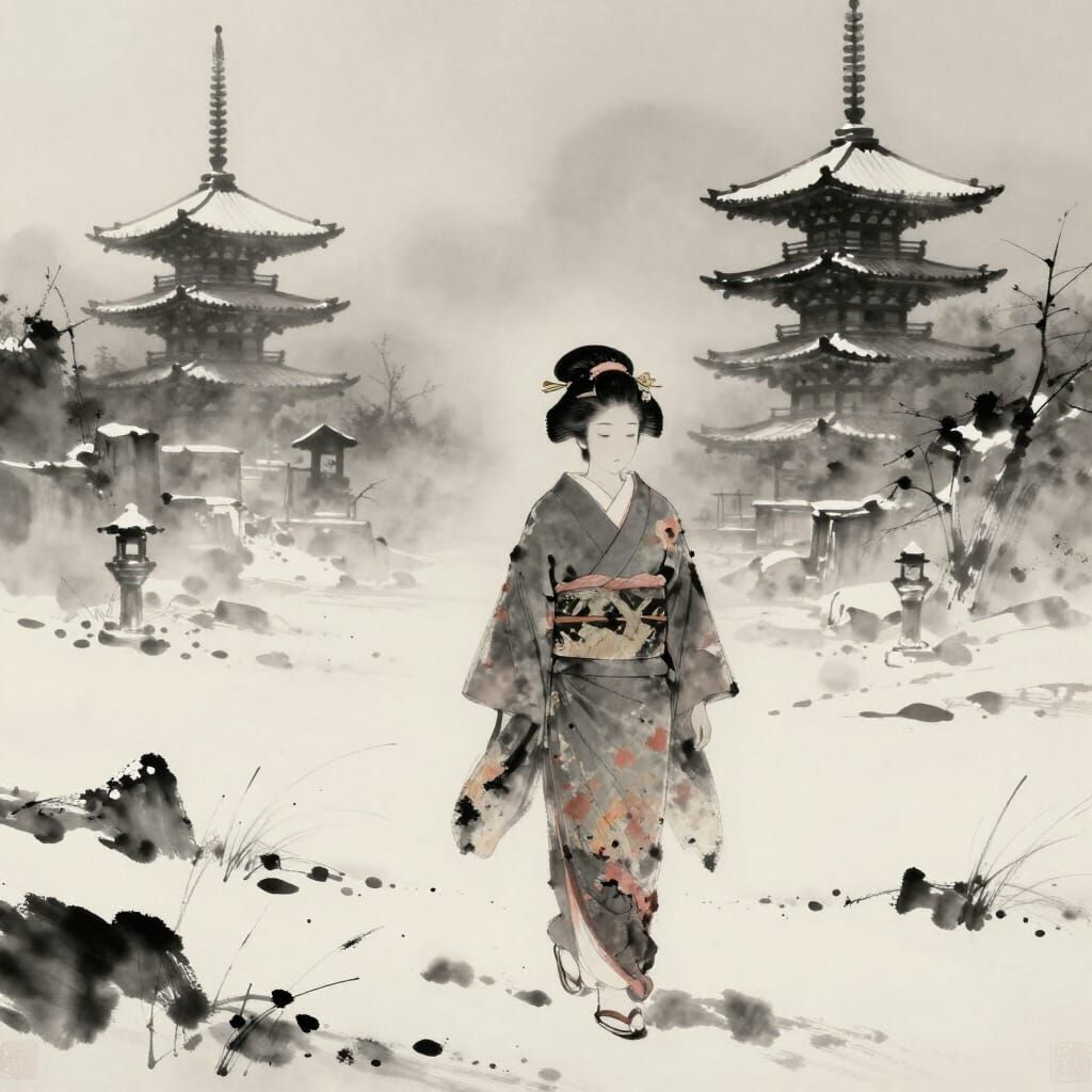 A lone geisha, adorned in a tattered yet elegant kimono, walks through a desolate, snow-covered landscape. Ancient, crum...