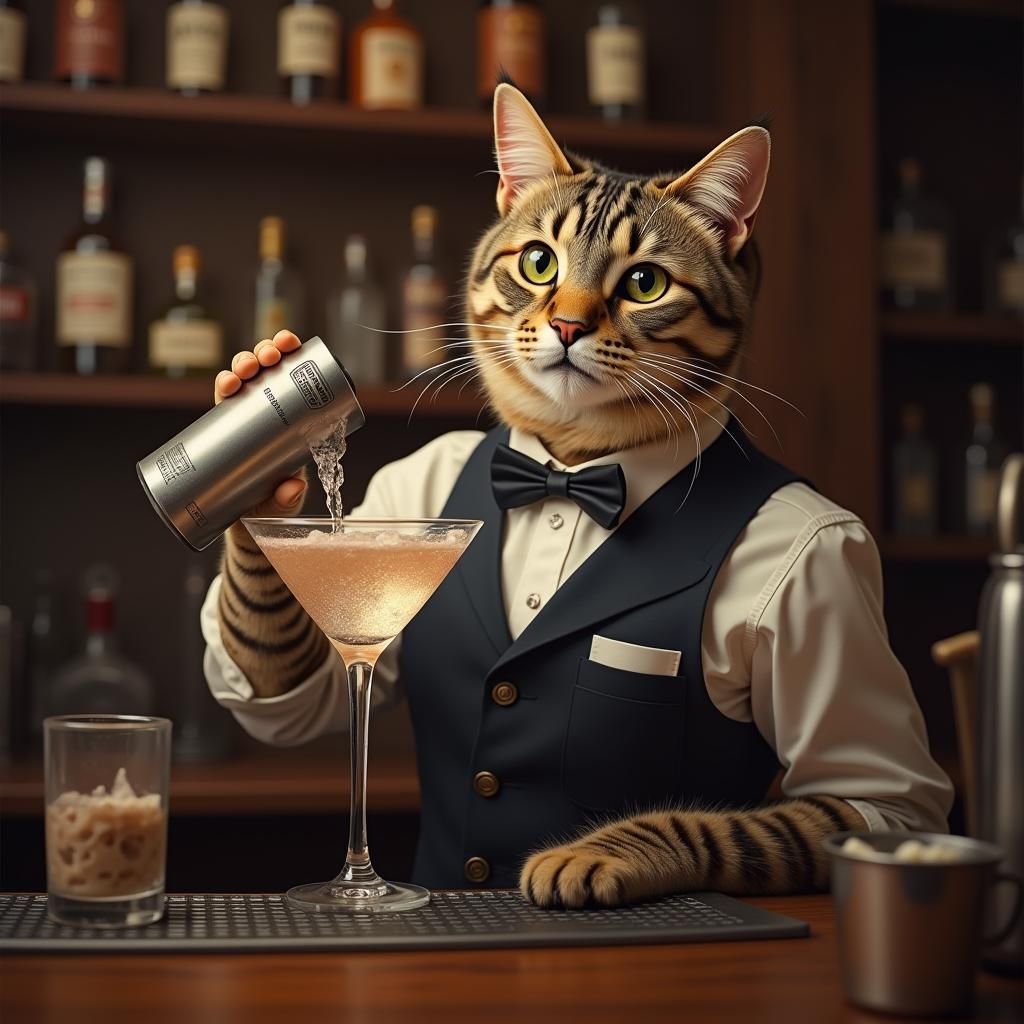 Realistic Cat Bartender Makes Vodka Martini