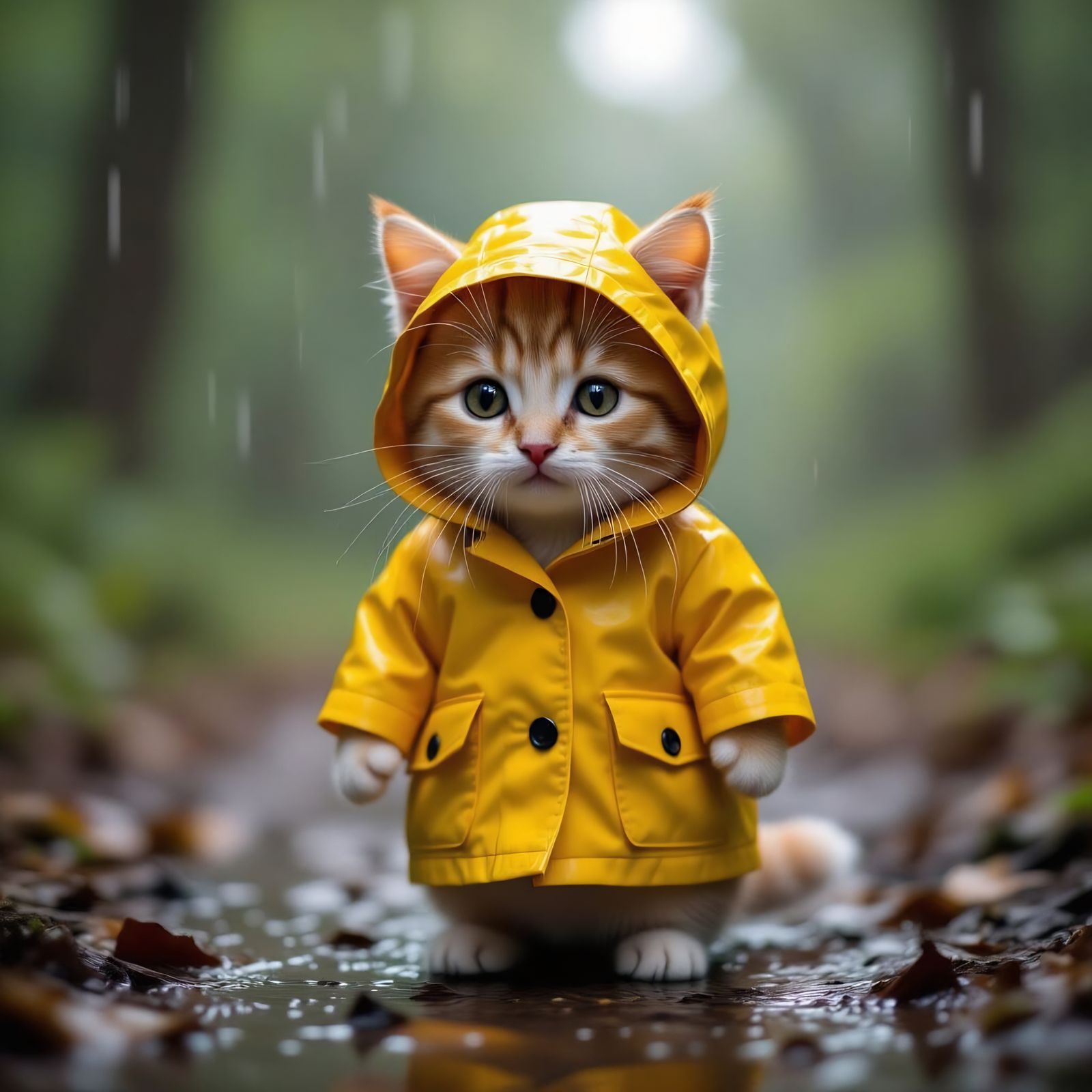 Cute Cat in Yellow Raincoat in Rainy Woods