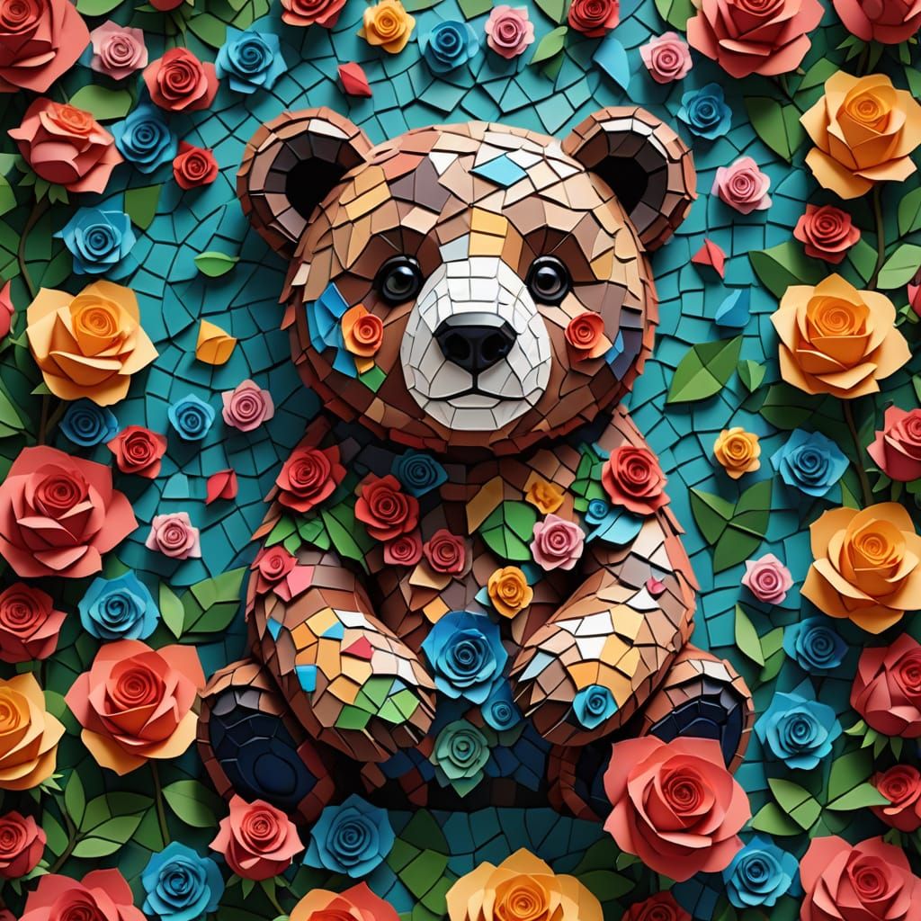 Mosaic Paper Bear Cub Among Roses, Detailed Matte Painting