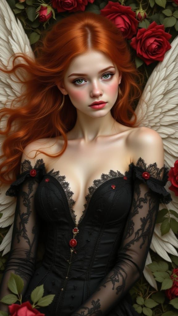 Angel Woman in Roses, Pre-Raphaelite Style