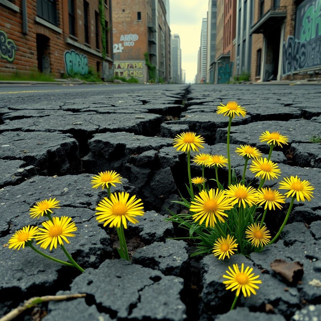 Dandelions Thrive in Urban Decay as Grey Asphalt Cracks