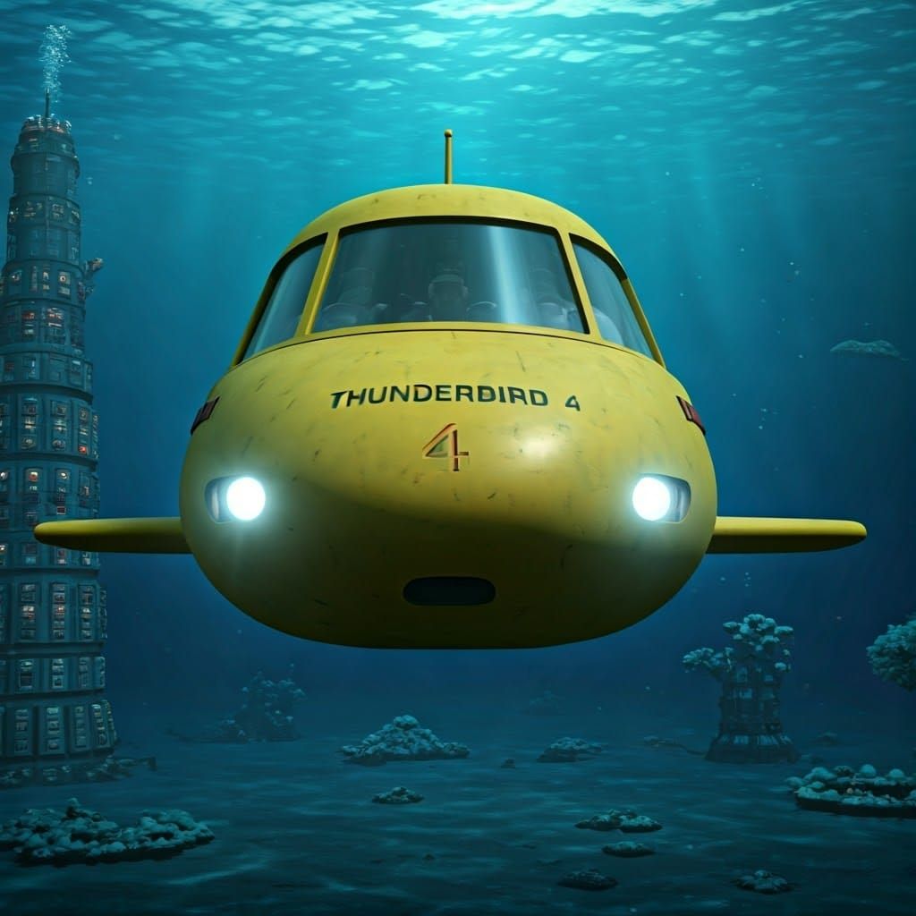 Vintage-Style Yellow Submarine Descending Towards Underwater...