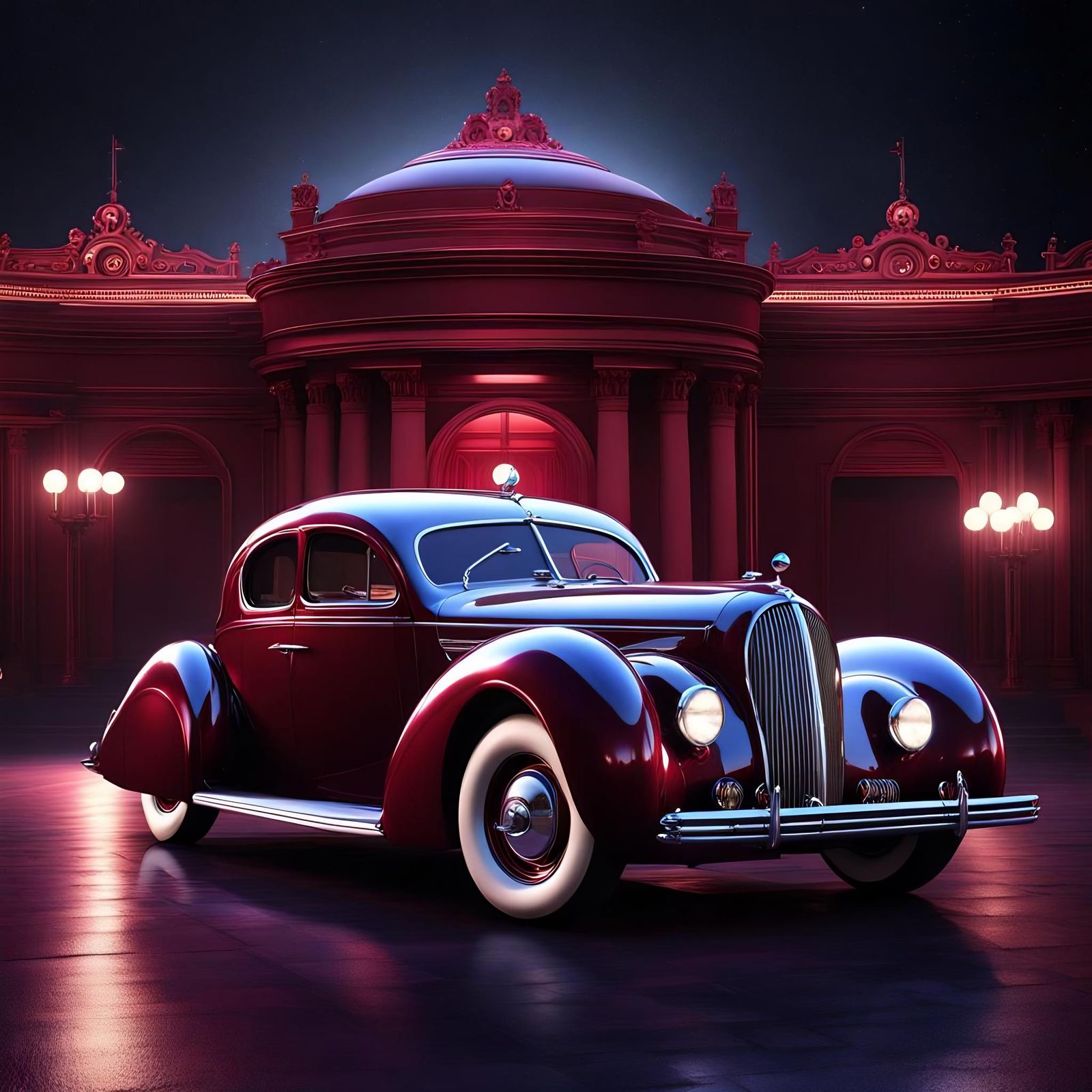 1938 Maroon Fastback at the Opera, Art Deco Style