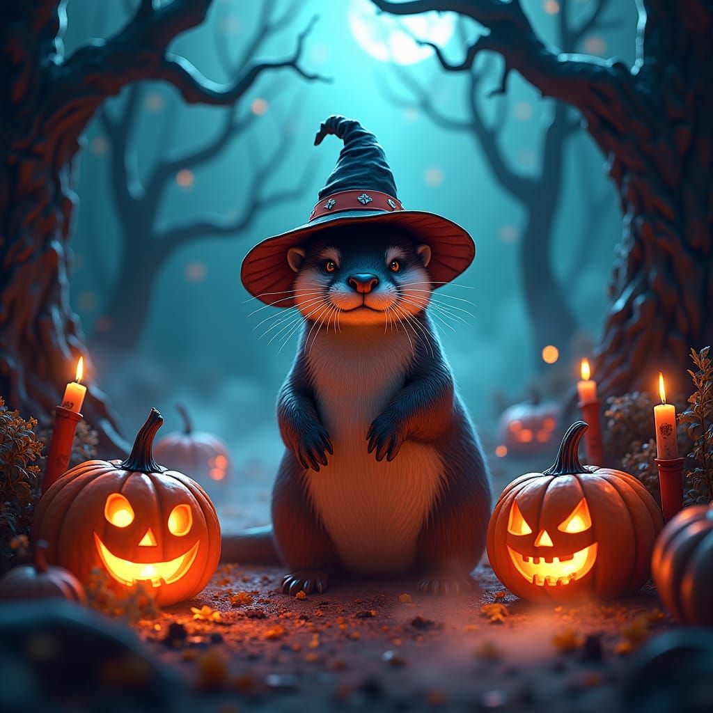 Halloween Otter in Eerie Fantasy Forest