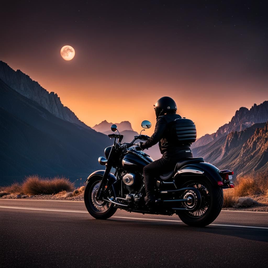 Motorcyclist Riding Under Cloudless Mountain Sky