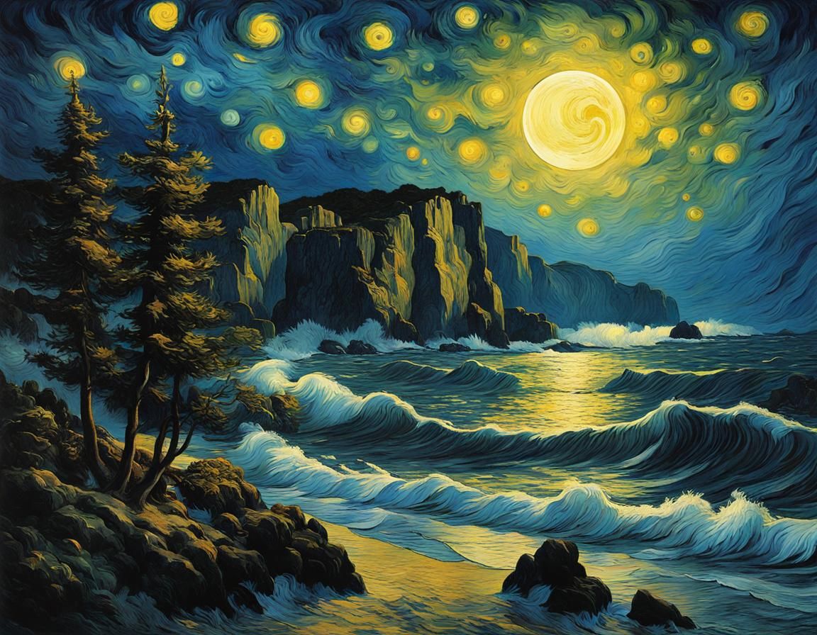 Gothic Island Starry Night Illustration in Impasto Style