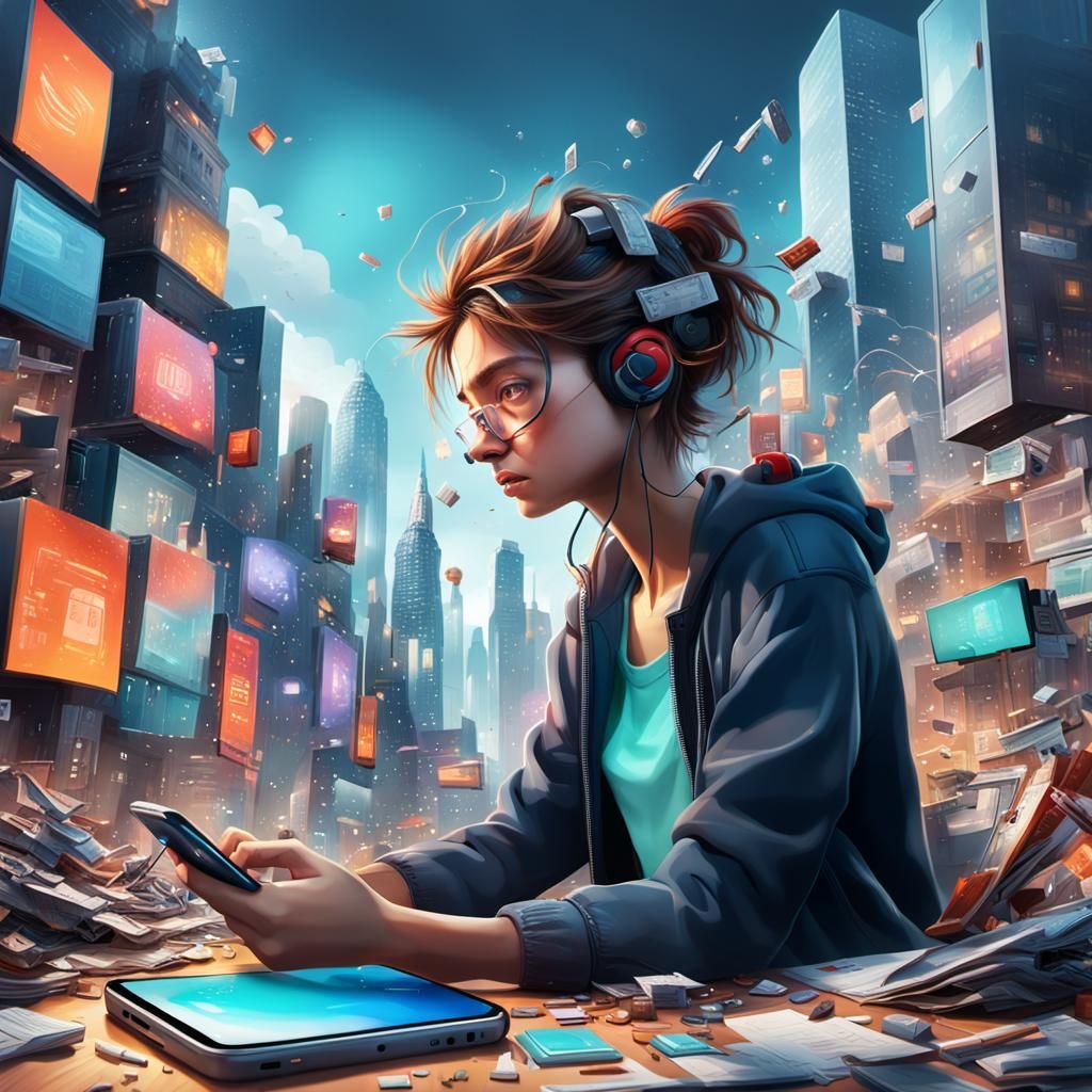 Frazzled Person Surrounded by Digital Distractions