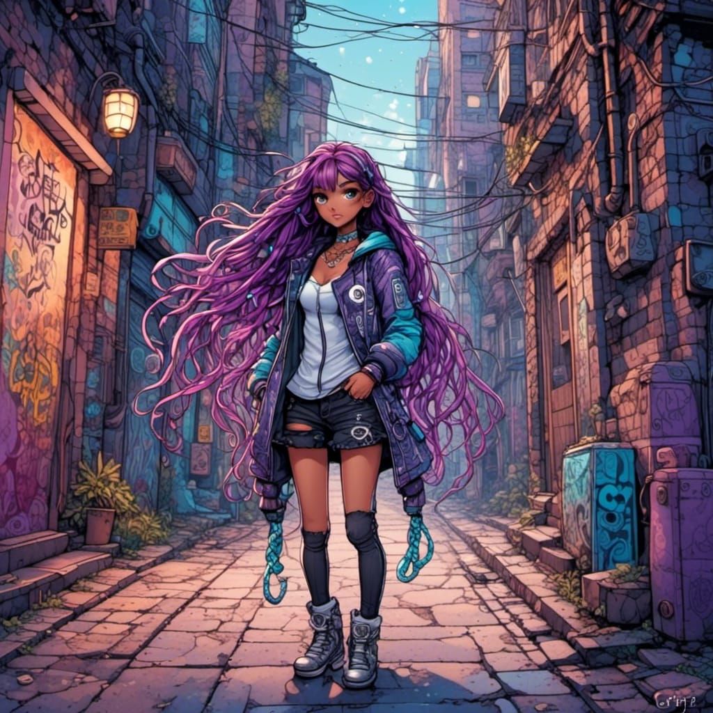 Graffiti Artist in City Alley with Braided Hair