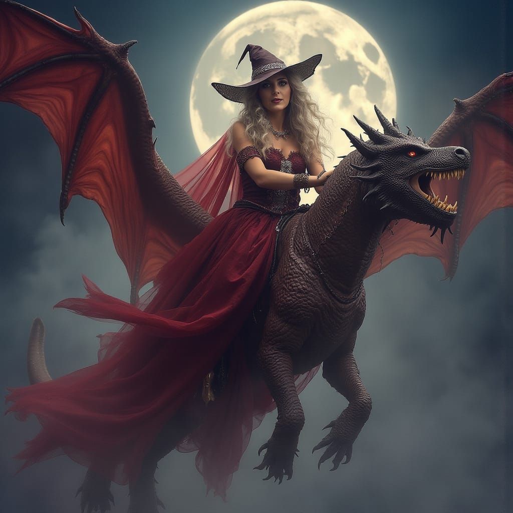 Witch Flying a Fierce Dragon at Night