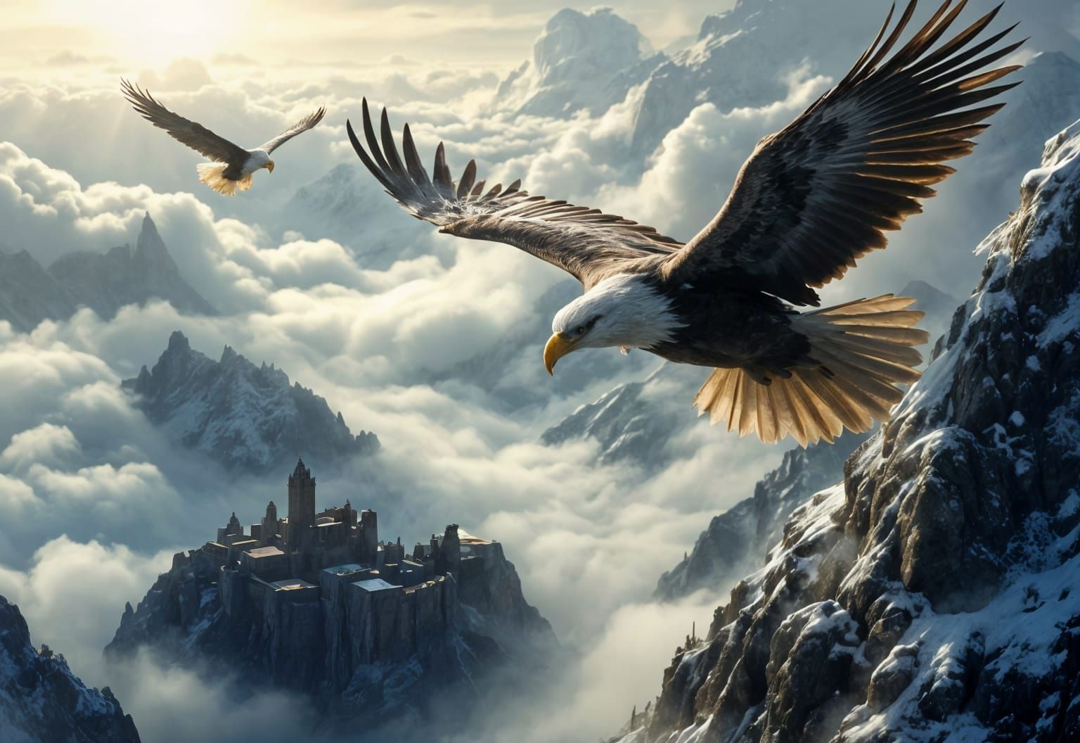 Eagles Soaring Above Misty Mountains