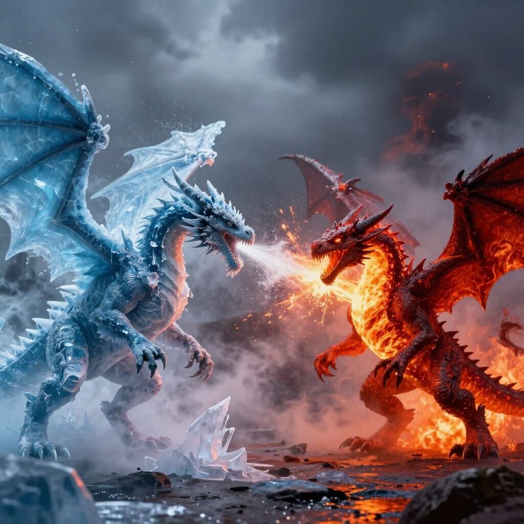 Epic Battle of Ice and Lava Dragons in Photorealistic Style