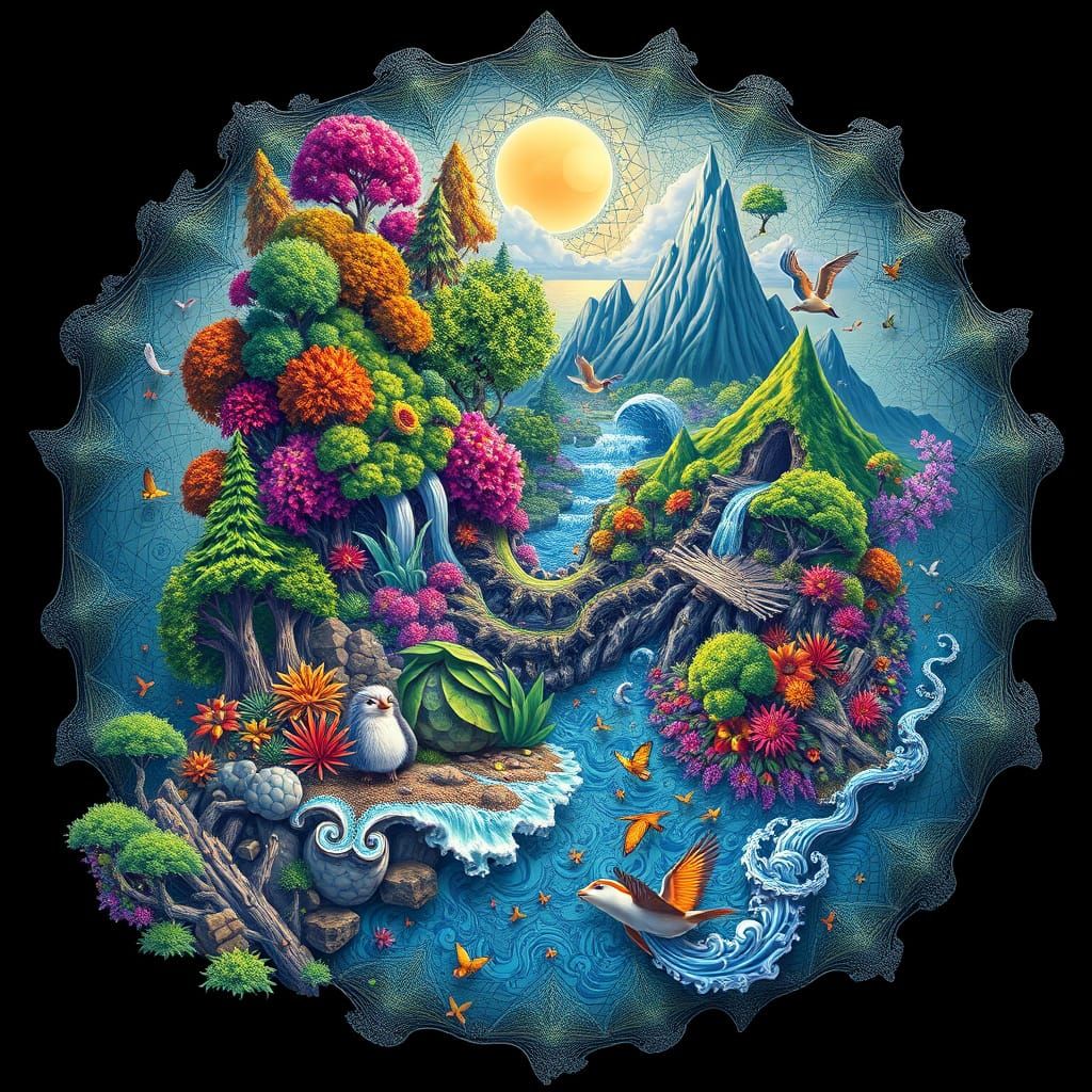 Vibrant Ecosystems Integrated into Abstract Fractal Art