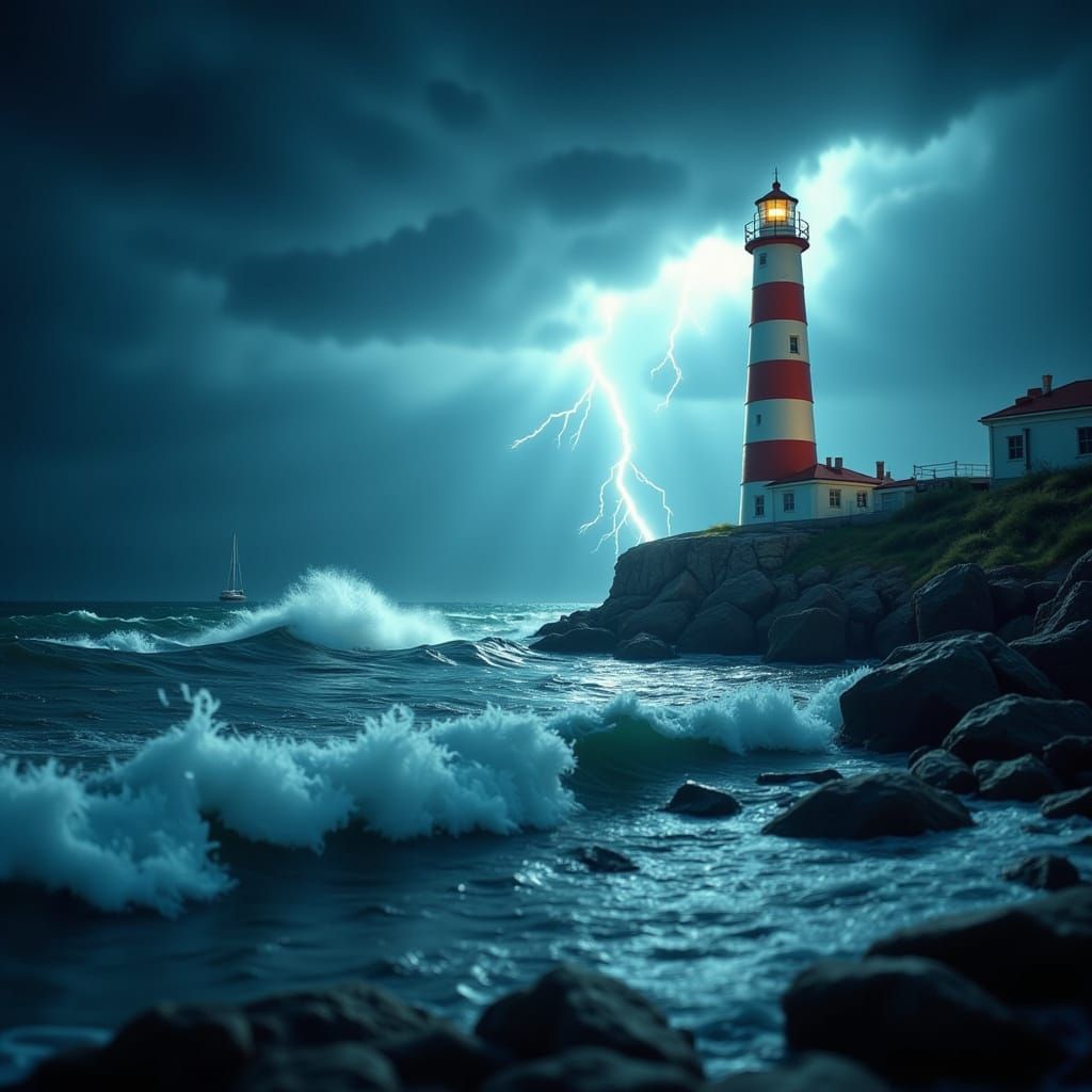 Stormy Coastal Scene with a Lighthouse and a Distant Boat in...