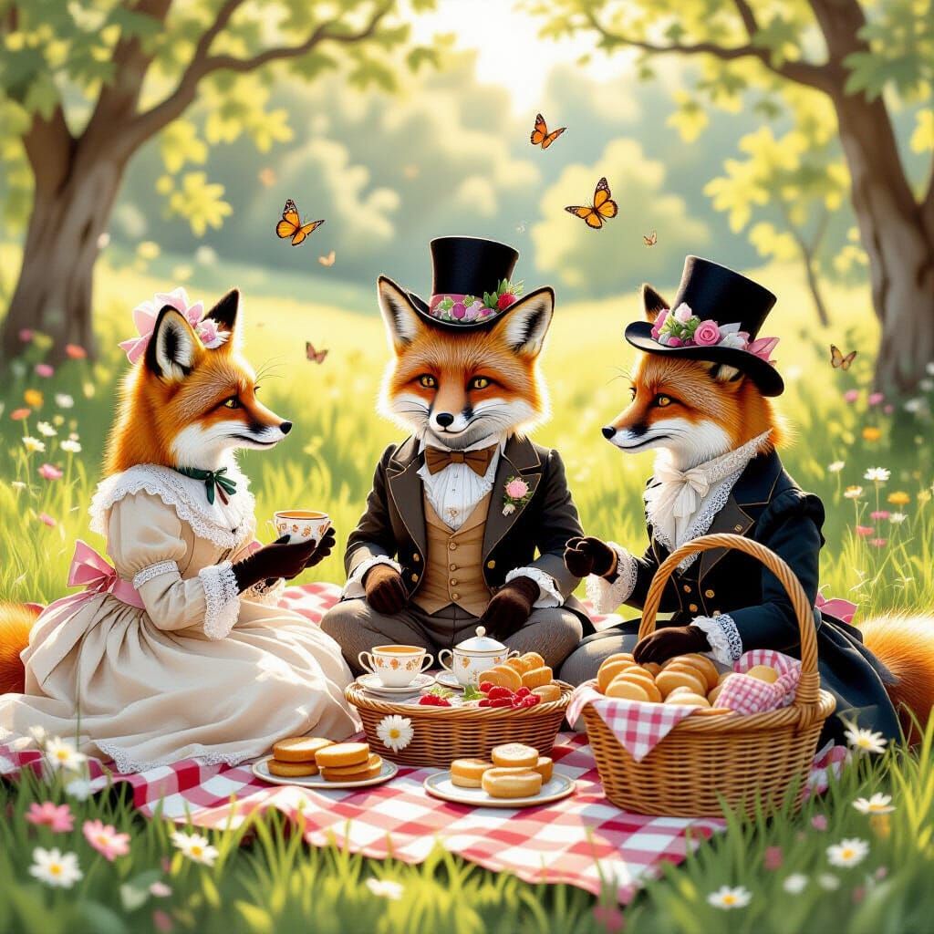 Victorian Foxes Picnic in Sun-Dappled Meadow