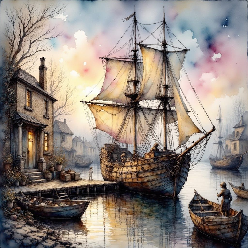 Ancient Harbour in Ink and Watercolour Style with a Sailing ...