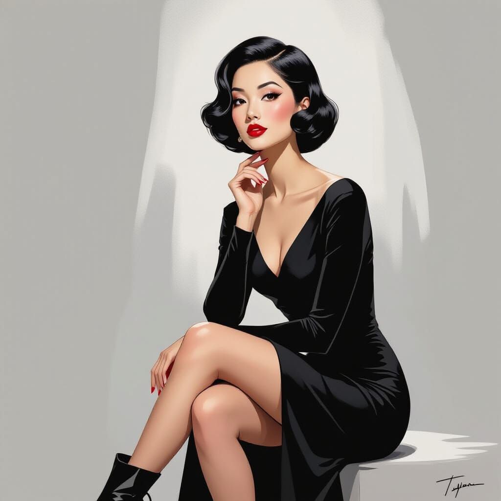 Painterly 1950s Chinese Woman in Black Cocktail Dress