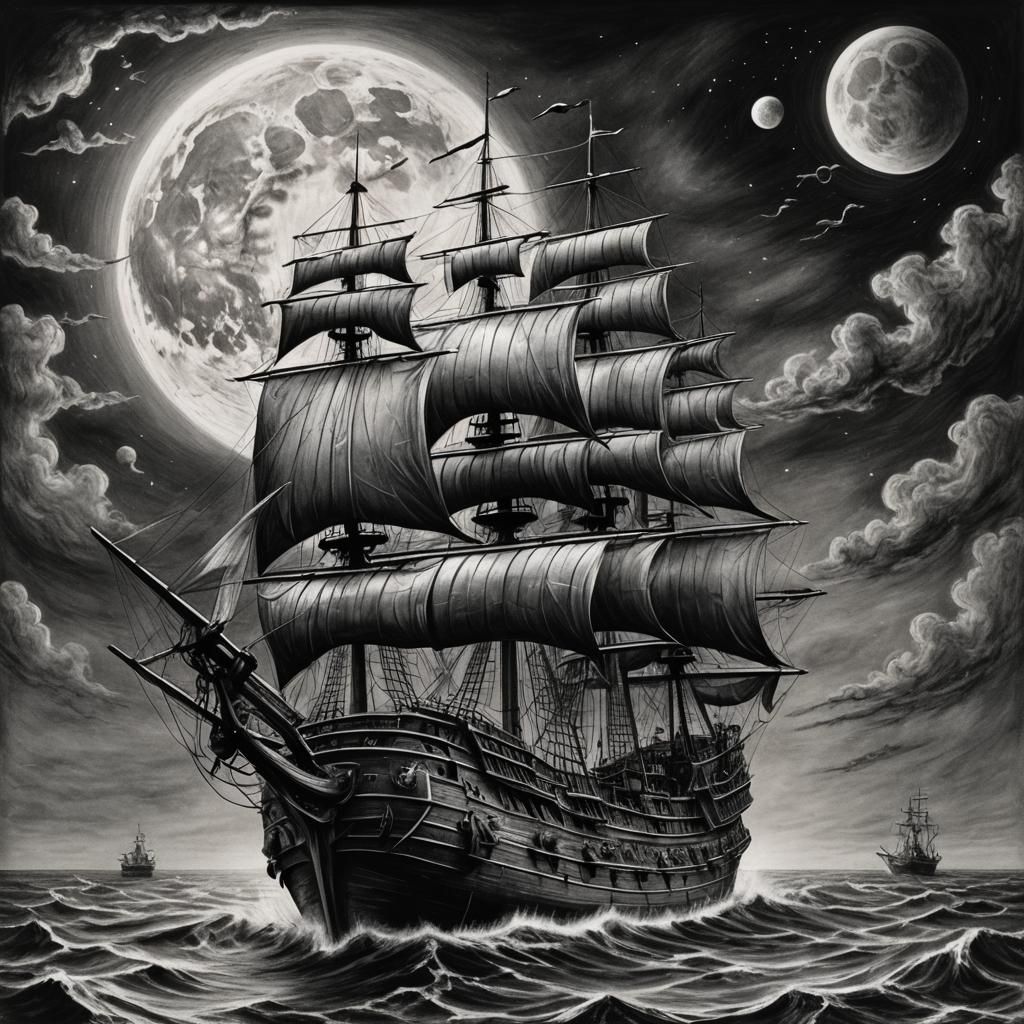 Blood-Red Moon Pirate Ship in Charcoal