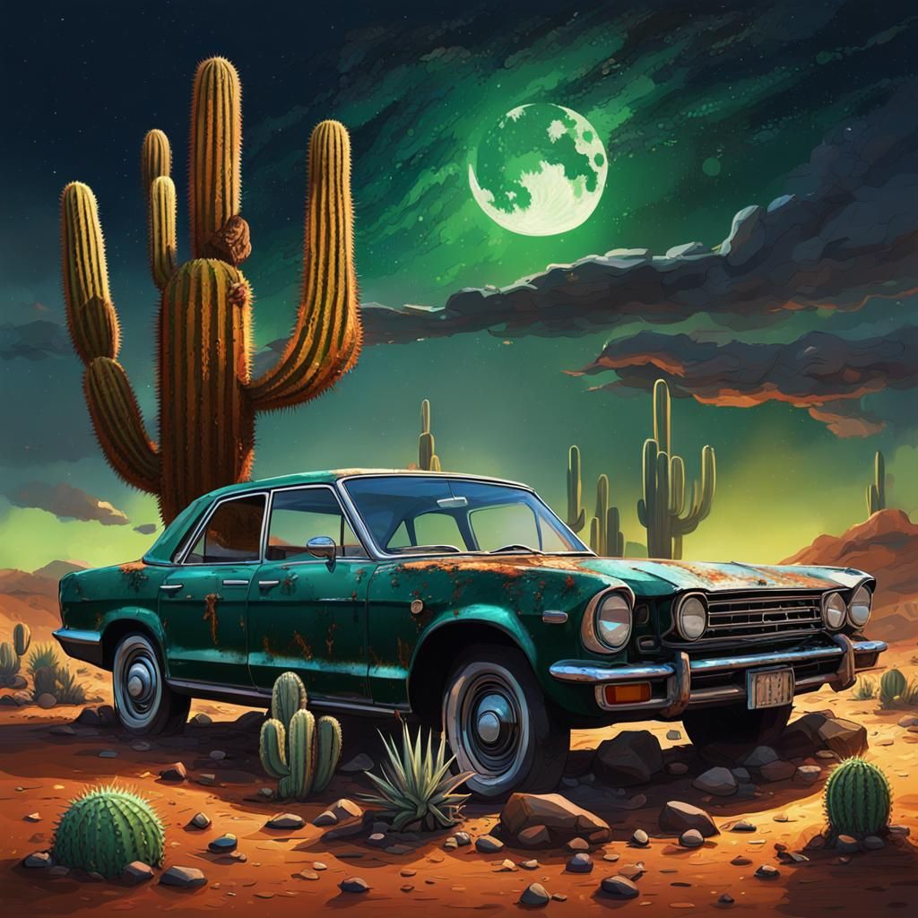 Rusted Car in Desert Under Meteor Shower