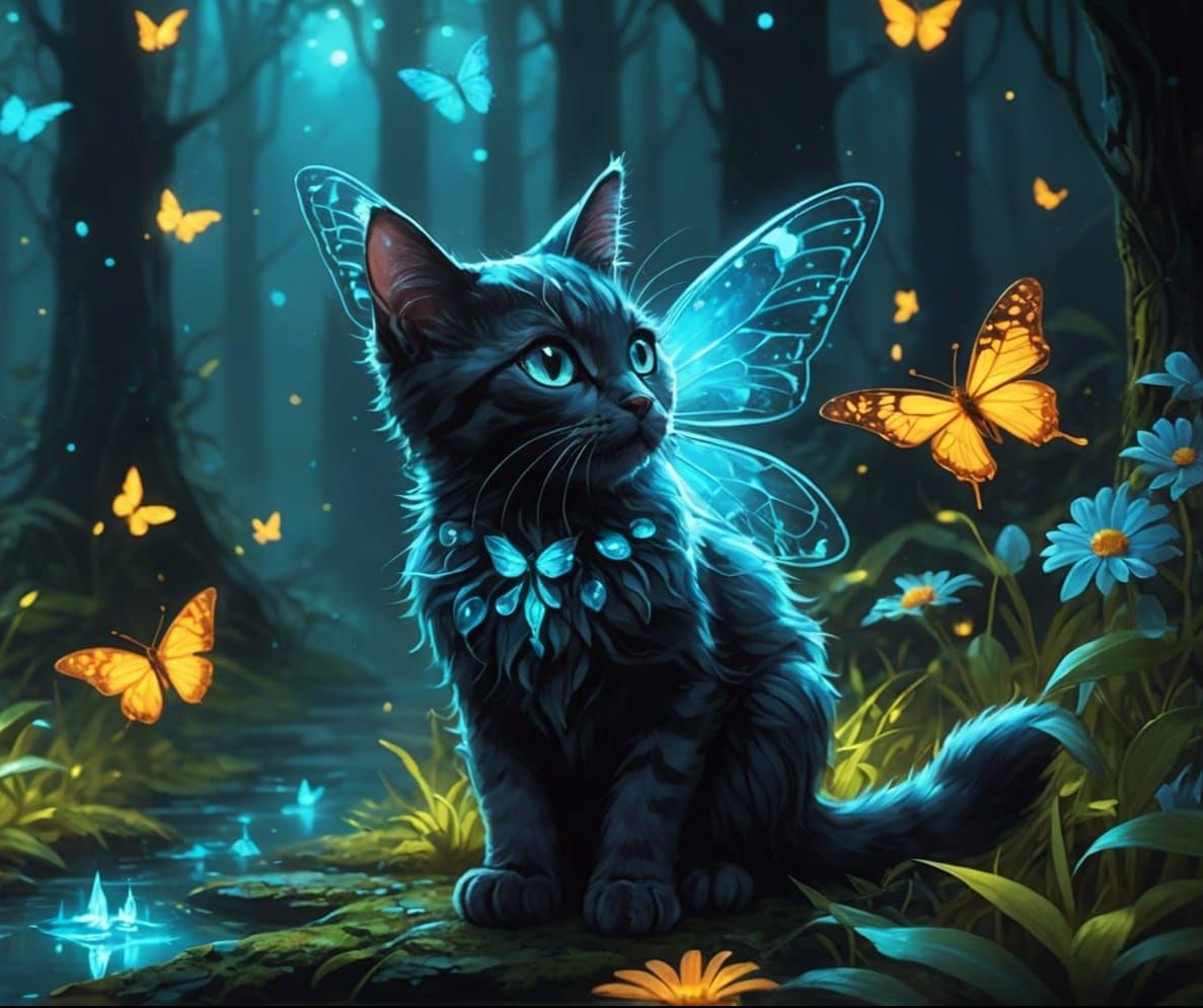 Bioluminescent Fairy Cat in Dark Fantasy Forest