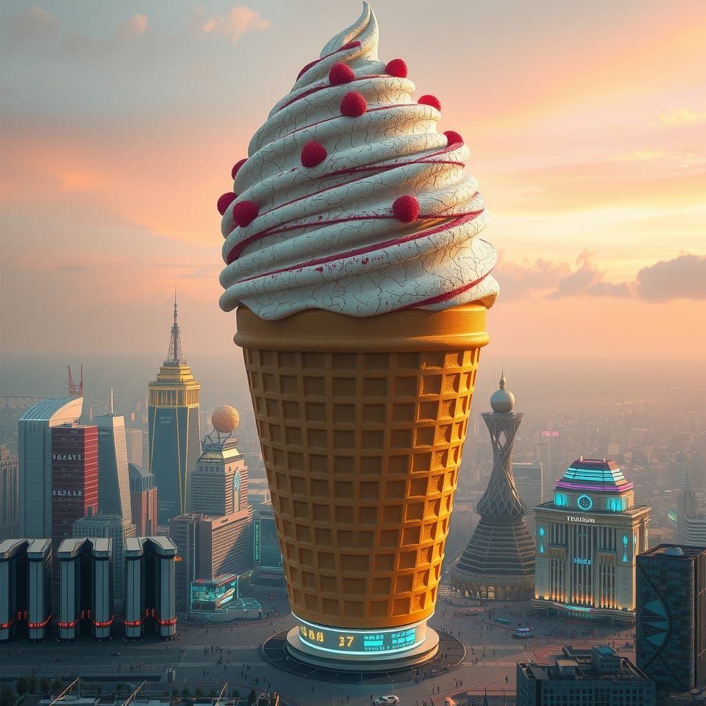 Colossal Ice Cream Cone in Retro-Futuristic City