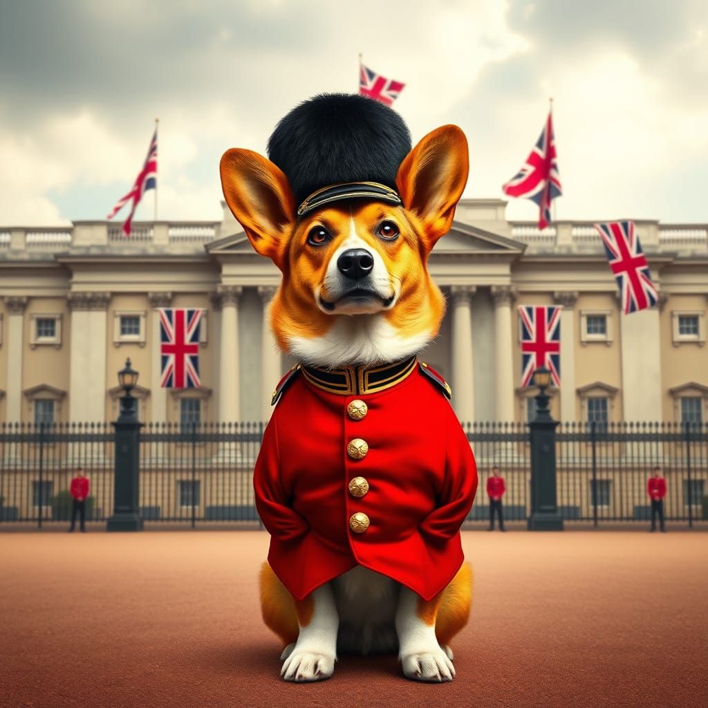 Regal Corgi Commander in Crimson British Guard Attire