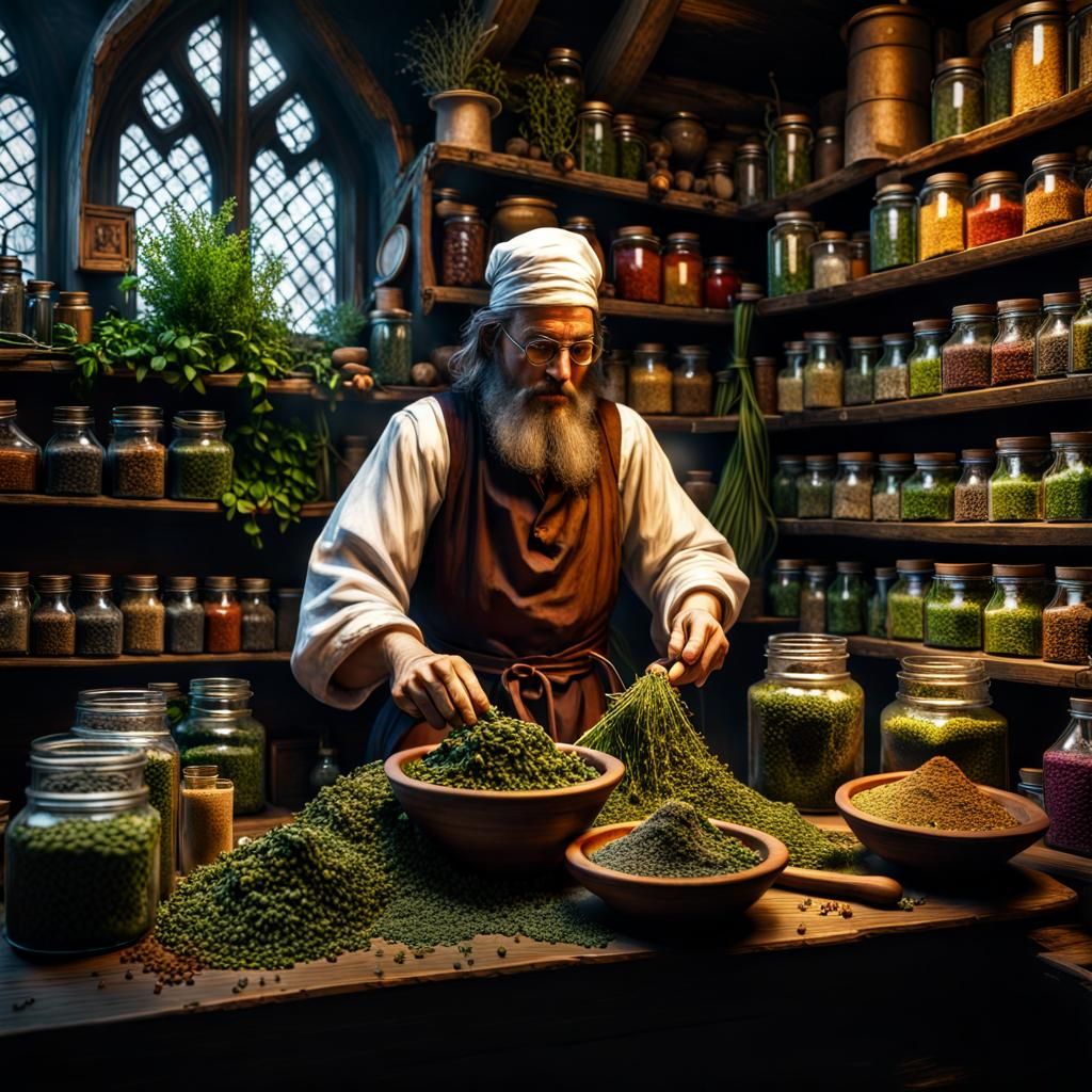 Fantasy Medieval Alchemist in Herbalist Shop